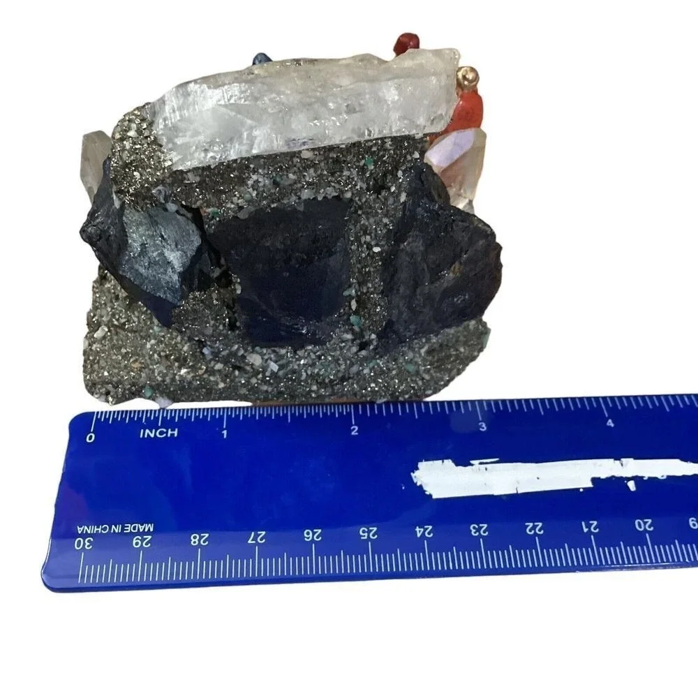 Miniature Crystal Nativity Scene Pyrite Quartz Mineral Specimen Grotto 3x3x3 in